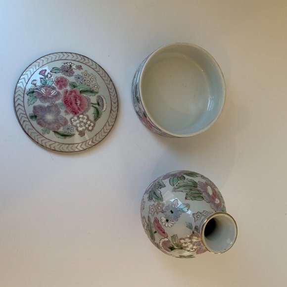 Vintage Chinoiserie Floral Vase & Candy Dish with Lid 3 PC Set Pink & Green - Picture 4 of 6